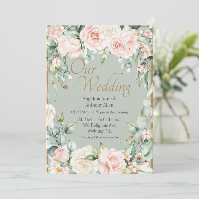 Invitation Mariage floral vert Sage (Debout devant)