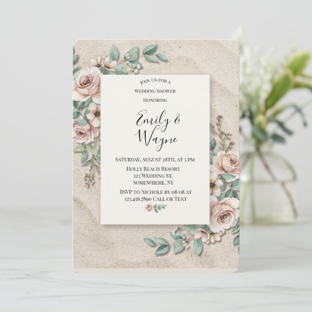 Invitation Mariage Floral Vert Sage de Sable (Debout devant)