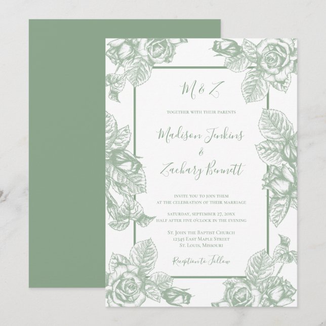Invitation Mariage Floral Vert Sauge (Devant / Derrière)