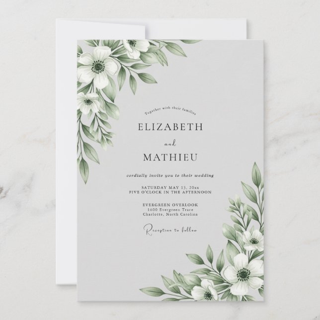 Invitation Mariage Floral Vert Sauge (Devant)
