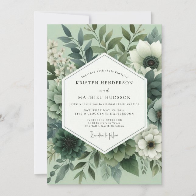 Invitation Mariage Floral Vert Sauge (Devant)