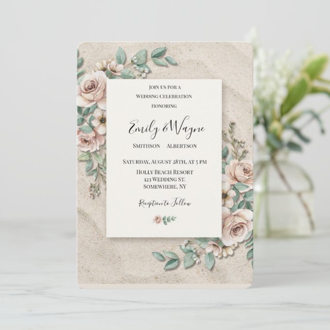 Invitation Mariage Floral Vert Sauge Blanc Cassé Sable (Debout devant)