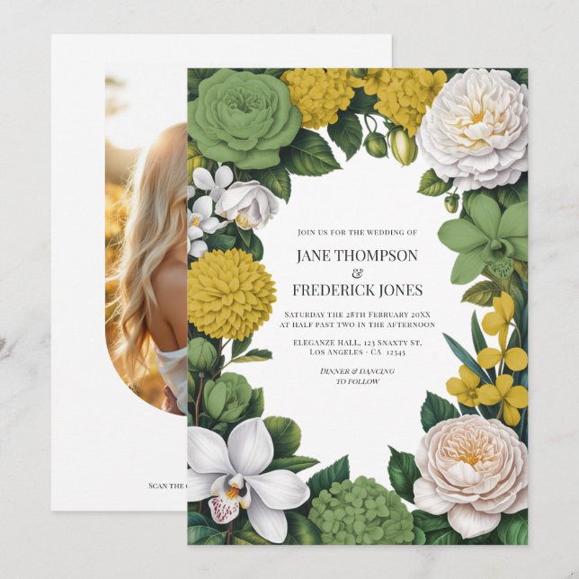 Invitation Mariage Floral Vert Sauge, Blanc et Or (Devant / Derrière)