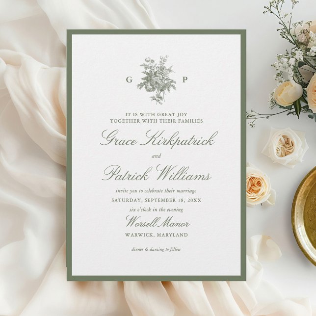 Invitation Mariage Floral Vert Sauge Classique Monogramme (Créateur téléchargé)