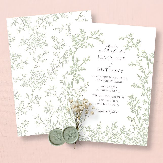 Invitation Mariage Floral Vert Sauge de Style Chinois (Créateur téléchargé)