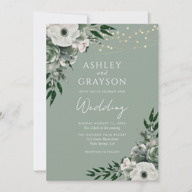 Invitation Mariage Floral Vert Sauge Élégant (Devant)