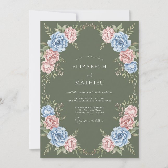 Invitation Mariage Floral Vert Sauge Lustré (Devant)