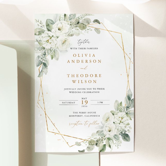 Invitation Mariage Floral Vert Sauge Or Blanc (Sage Green Gold White Floral Wedding Invitation, Eucalyptus Geometric Wedding Stationery)