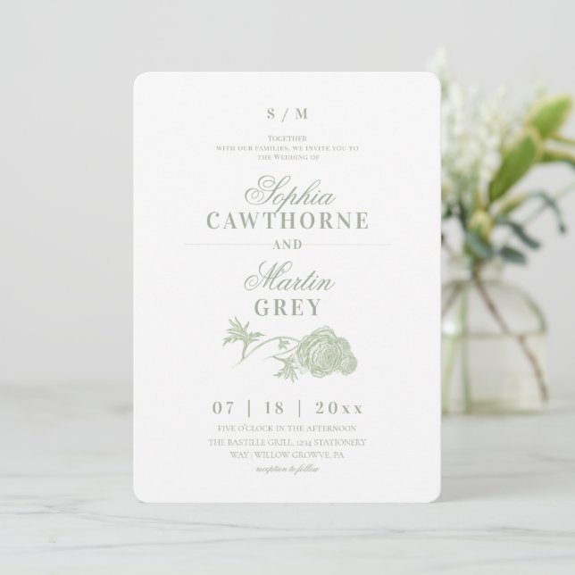 Invitation Mariage Floral Vert Sauge Pastel  (Debout devant)