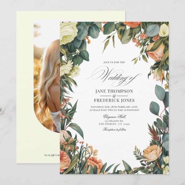 Invitation Mariage Floral Vert Sauge, Pêche et Crème (Devant / Derrière)