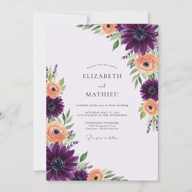 Invitation Mariage Floral Vibrant au Plum (Devant)