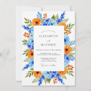 Invitation Mariage Floral Vibrant Bleu Orange