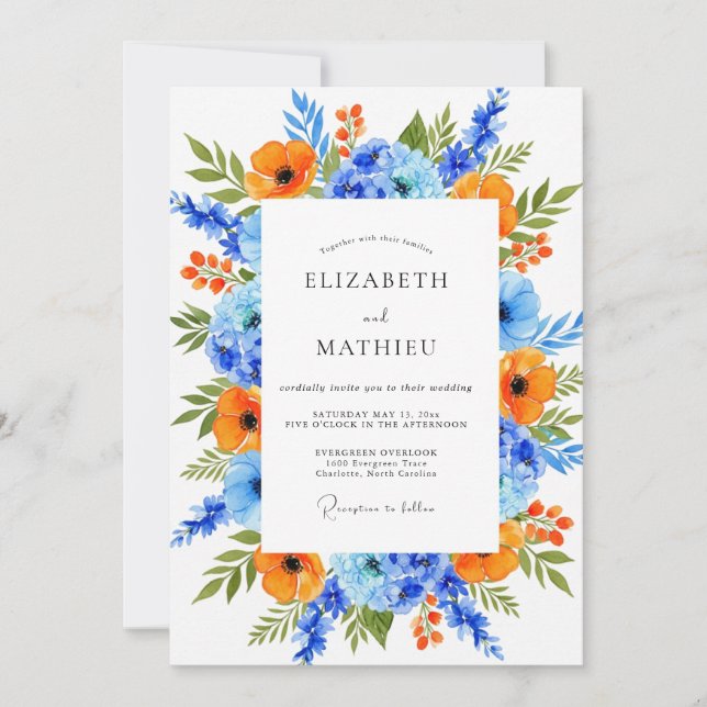 Invitation Mariage Floral Vibrant Bleu Orange (Devant)