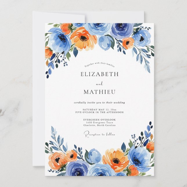 Invitation Mariage Floral Vibrant Bleu Orange (Devant)