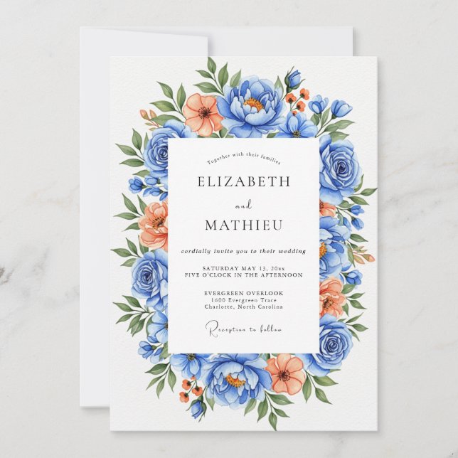 Invitation Mariage Floral Vibrant Bleu Pêche (Devant)