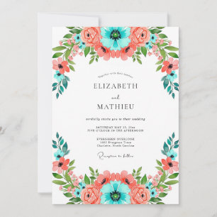 Invitation Mariage floral vibrant de corail sarcelle
