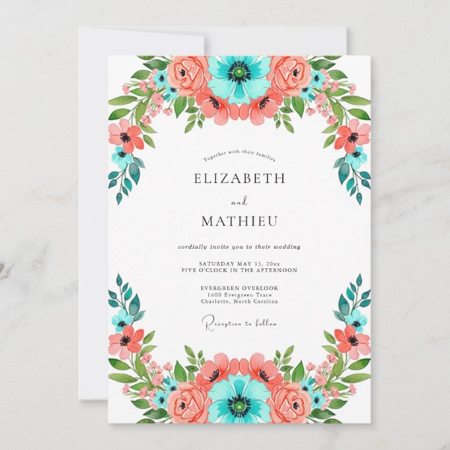 Invitation Mariage floral vibrant de corail sarcelle (Devant)
