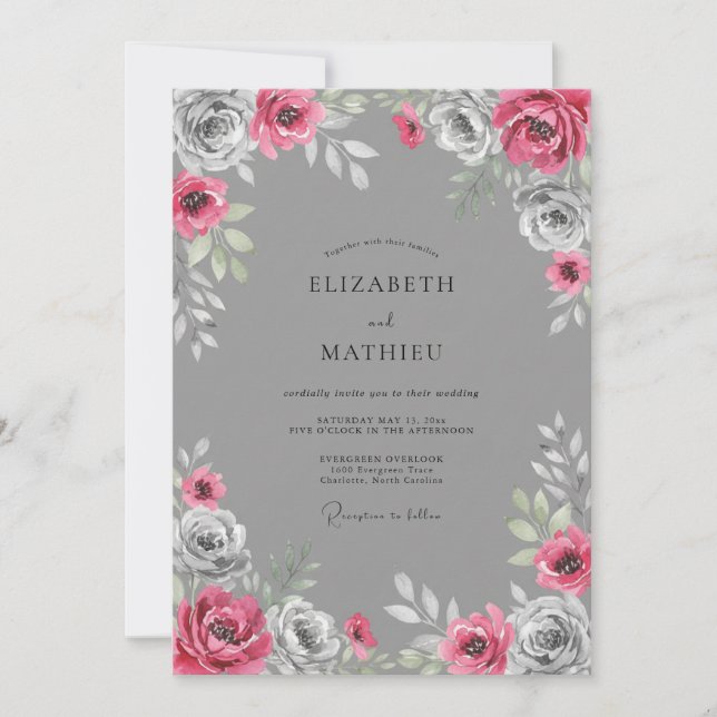 Invitation Mariage Floral Vibrant Gris (Devant)