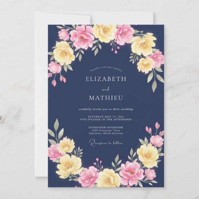 Invitation Mariage Floral Vibrant Jaune Marine (Devant)