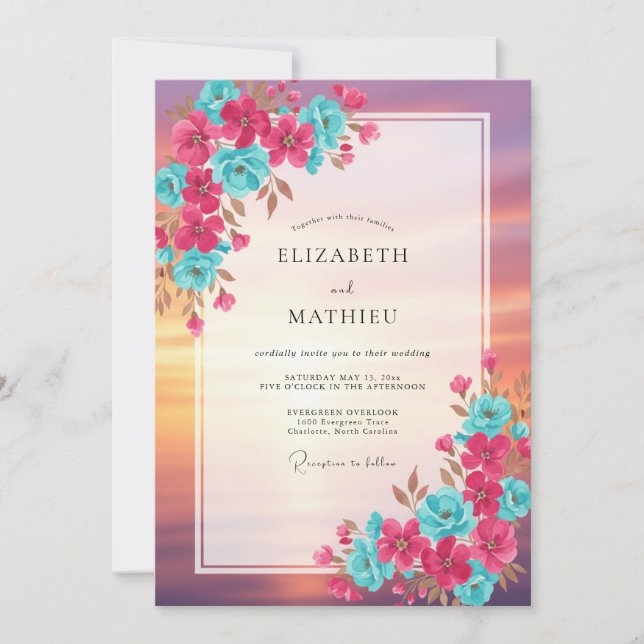 Invitation Mariage Floral Vibrant Magenta Sarcelle (Devant)