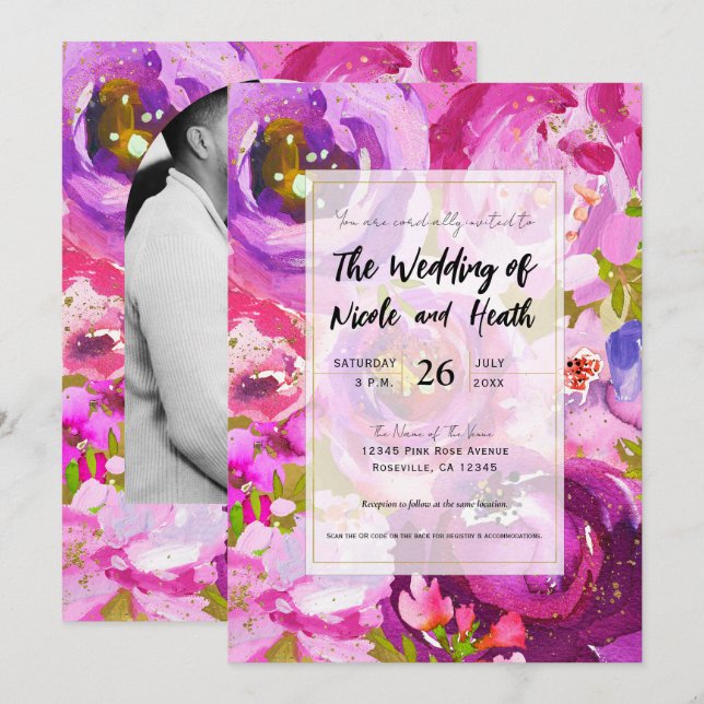 Invitation Mariage floral vibrant rose et violet (Devant / Derrière)
