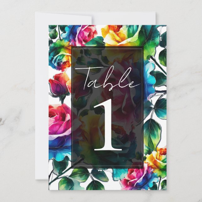 Invitation Mariage Floral Vibrant Roses Arc-en-ciel Noir & Bl (Devant)