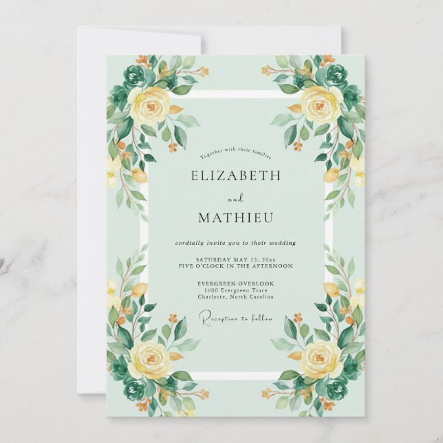 Invitation Mariage Floral Vibrant Vert Menthe (Devant)