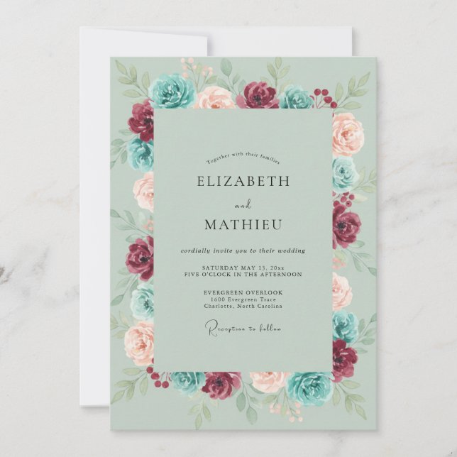 Invitation Mariage Floral Vibrant Vert Sauge (Devant)