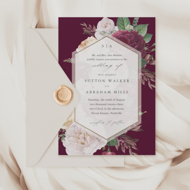 Invitation Mariage Floral Vintage (Vintage floral bouquet maroon wedding invitations.)