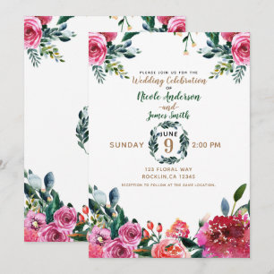 Invitation Mariage Floral Vintage Aquarelle Vert Rose