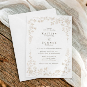 Invitation Mariage Floral Vintage Beige Crème Broderie França