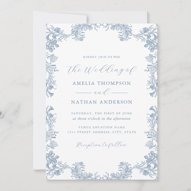 Invitation Mariage Floral Vintage Bleu Poussiéreux (Devant)