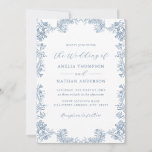 Invitation Mariage Floral Vintage Bleu Poussiéreux