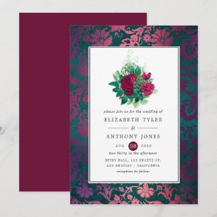 Invitation Mariage floral vintage burgundy et sarcelle