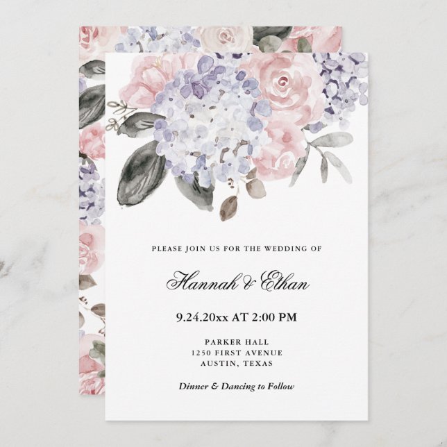 Invitation Mariage floral vintage des hortensias | (Devant / Derrière)