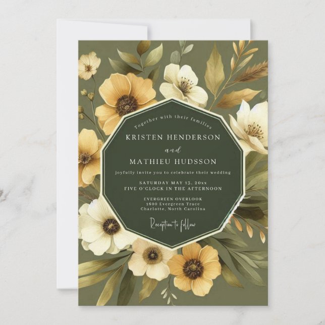Invitation Mariage Floral Vintage Doré Sage (Devant)