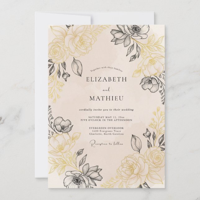 Invitation Mariage Floral Vintage Élégant Beige (Devant)
