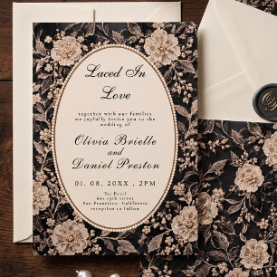 Invitation Mariage Floral Vintage Élégant en Dentelle Noire e