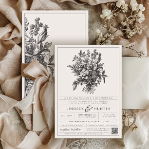 Invitation Mariage Floral Vintage Élégant en Ivoire et Chinoi