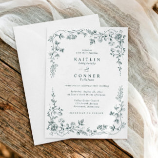 Invitation Mariage Floral Vintage Émeraude Vert Français