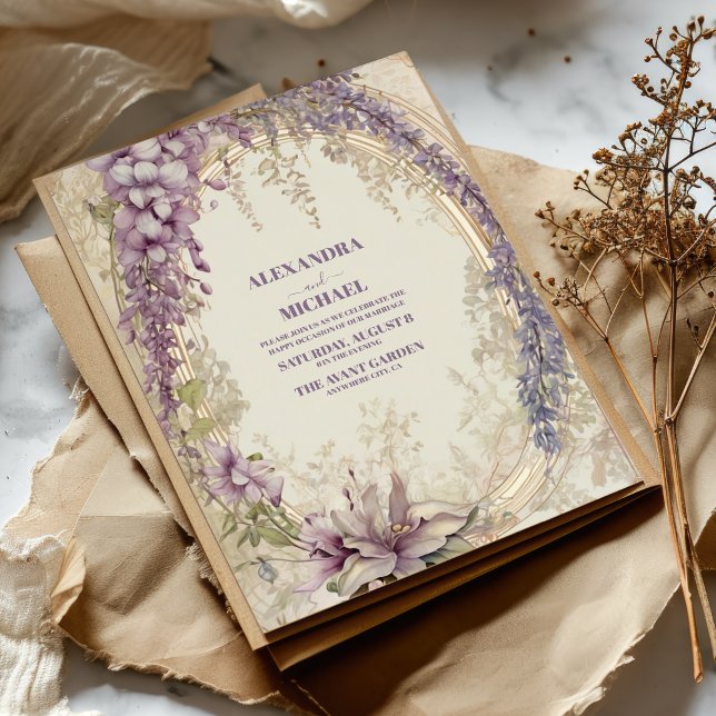 Invitation Mariage Floral Vintage Gold Purple (Créateur téléchargé)