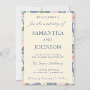 Invitation Mariage Floral Vintage Ivoire Bleu Côtier Moderne
