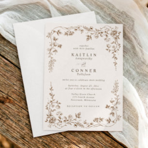 Invitation Mariage Floral Vintage Marron & Crème Français