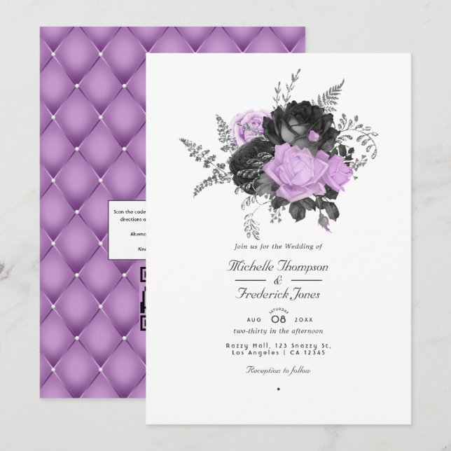 Invitation Mariage Floral Vintage noir et Lilac (Devant / Derrière)