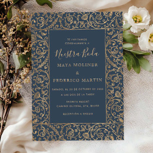 Invitation Mariage Floral Vintage Or & Navy Nuestra Boda