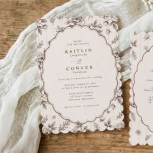 Invitation Mariage Floral Vintage Ovale Espresso Brun Françai