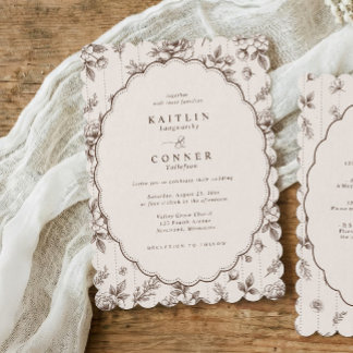 Invitation Mariage Floral Vintage Ovale Espresso Brun Françai