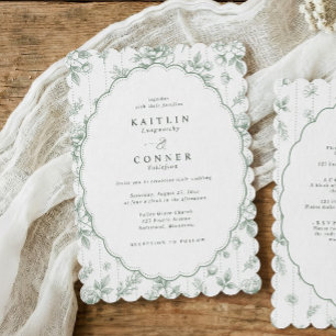 Invitation Mariage Floral Vintage Ovale Vert Sauge Français