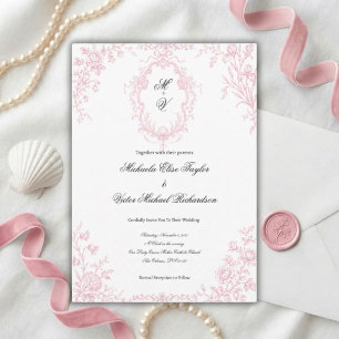 Invitation Mariage Floral Vintage Rose Pâle Toile de Jouy