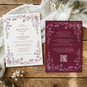Invitation Mariage Floral Vintage Rouge Foncé Français